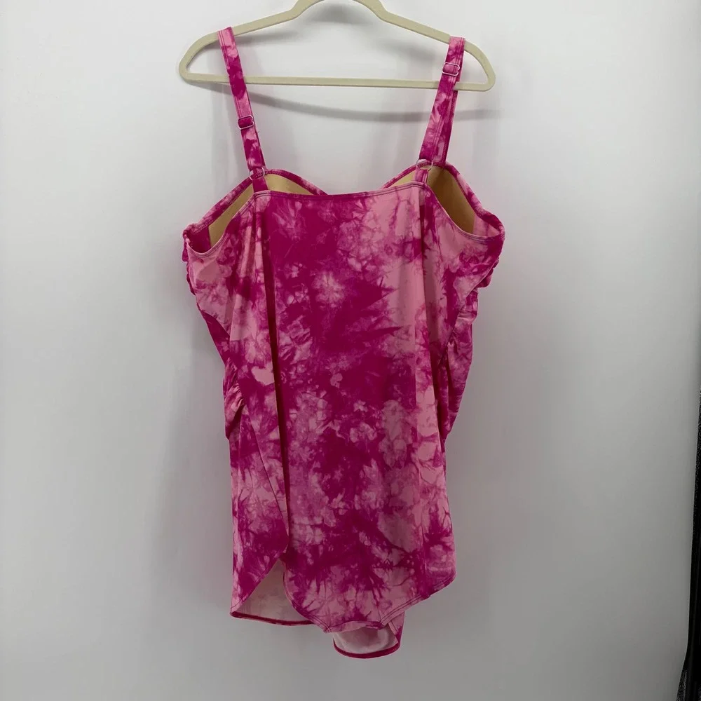Denim & Co Beach Womens 26W Pink Tie Dye Swim Dress Ruched Sweetheart One Piece